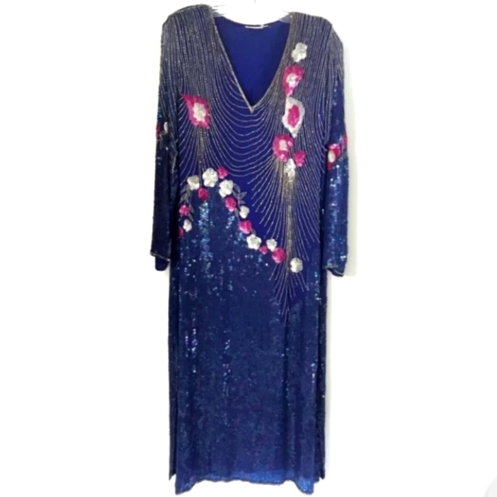 Vintage Royal Blue Sequin Beaded Dress Lined Shoulder Pads Mesh Pink Gold Gatsby